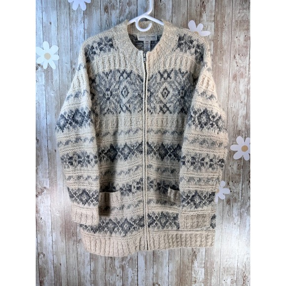 Jones‎ New York Womens Cardigan Sz L Petite Ivory Gray Hand Knit Wool Blended - Picture 1 of 11